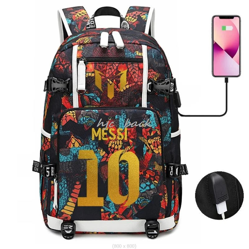 Messi Black School Backpack USB Charging Waterproof Laptop Bag - A054