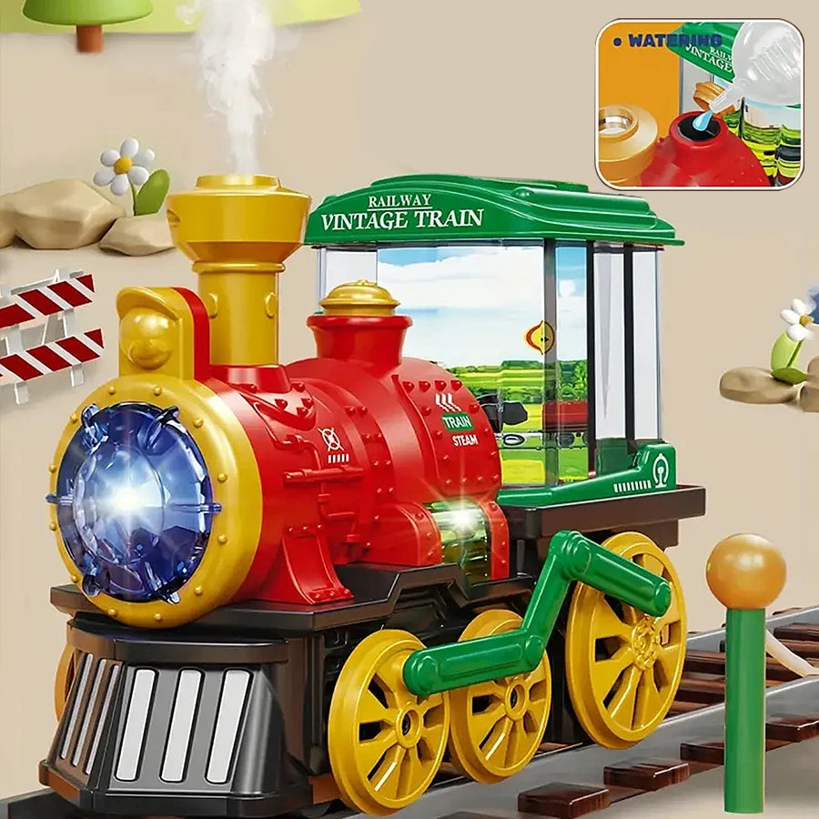 Electric Steam Train Toy with Smoke Lights & Sound 360° Rotating Crash Truck Locomotive Toy - A029