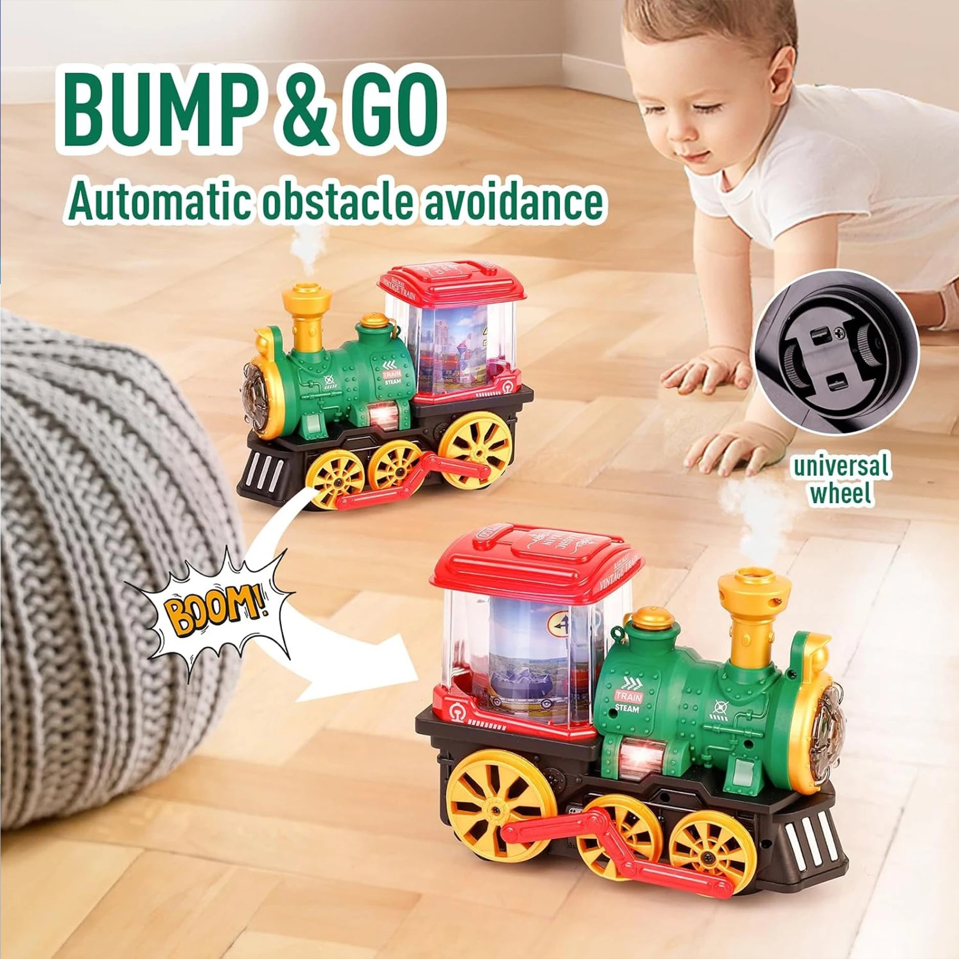 Electric Steam Train Toy with Smoke Lights & Sound 360° Rotating Crash Truck Locomotive Toy - A029