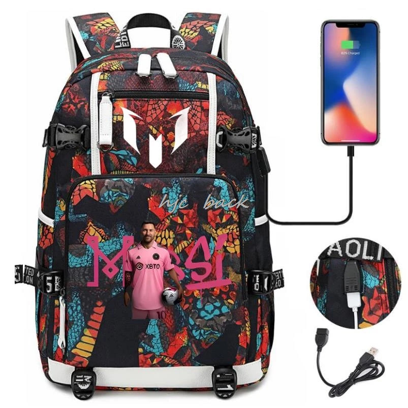 Messi Black School Backpack USB Charging Waterproof Laptop Bag - A054