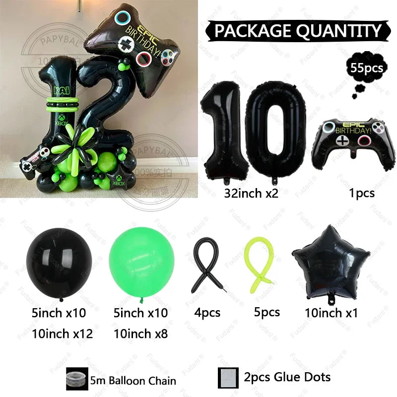 54pcs GamePad Number Balloons Set Black Birthday Party Decorations - A046